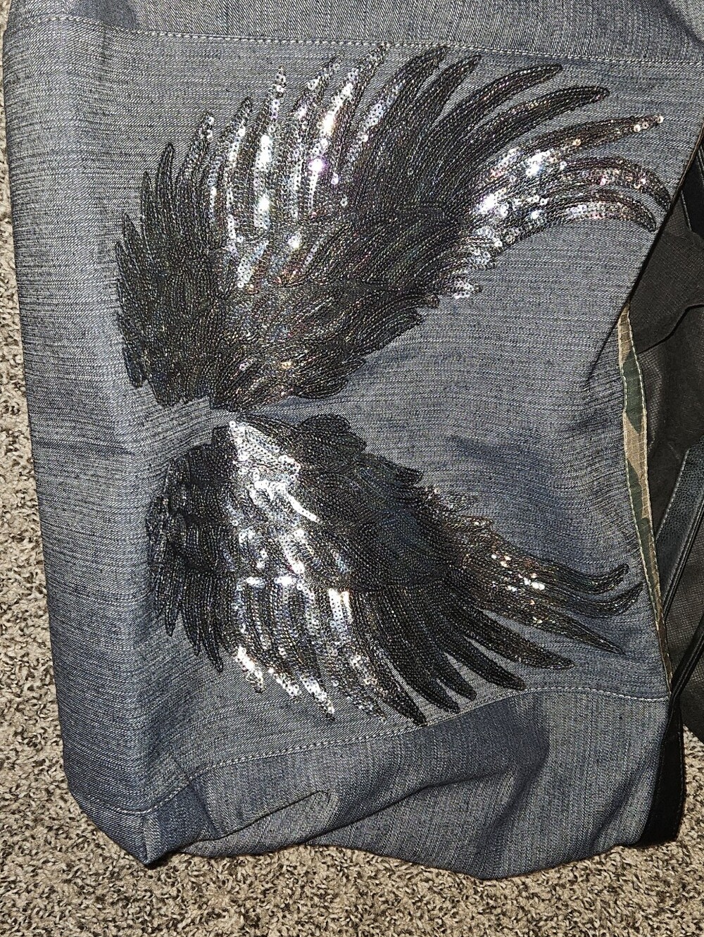 Sequin Wing Denim Tote - Black & Silver Embellishment